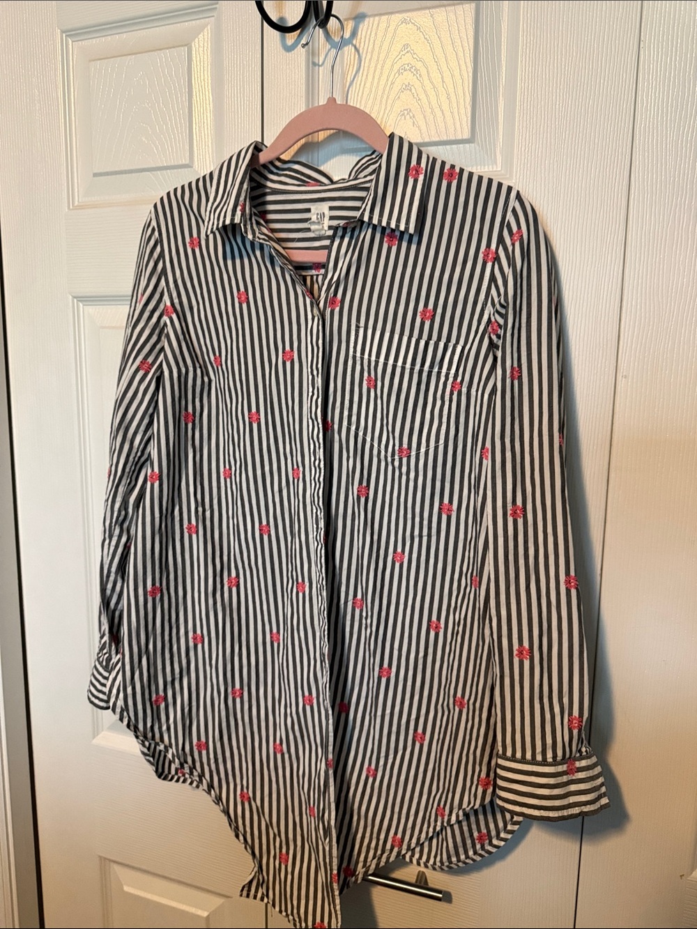 GAP Black and White Striped Shirt with Pink Floral Embroidery